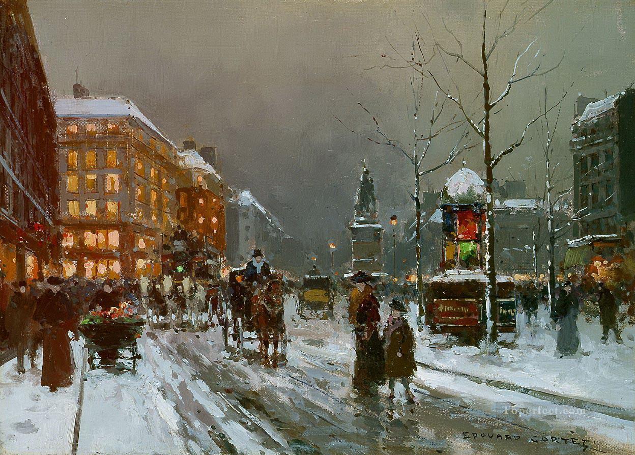 冬のパリのECプレイス・ド・クリシー油絵